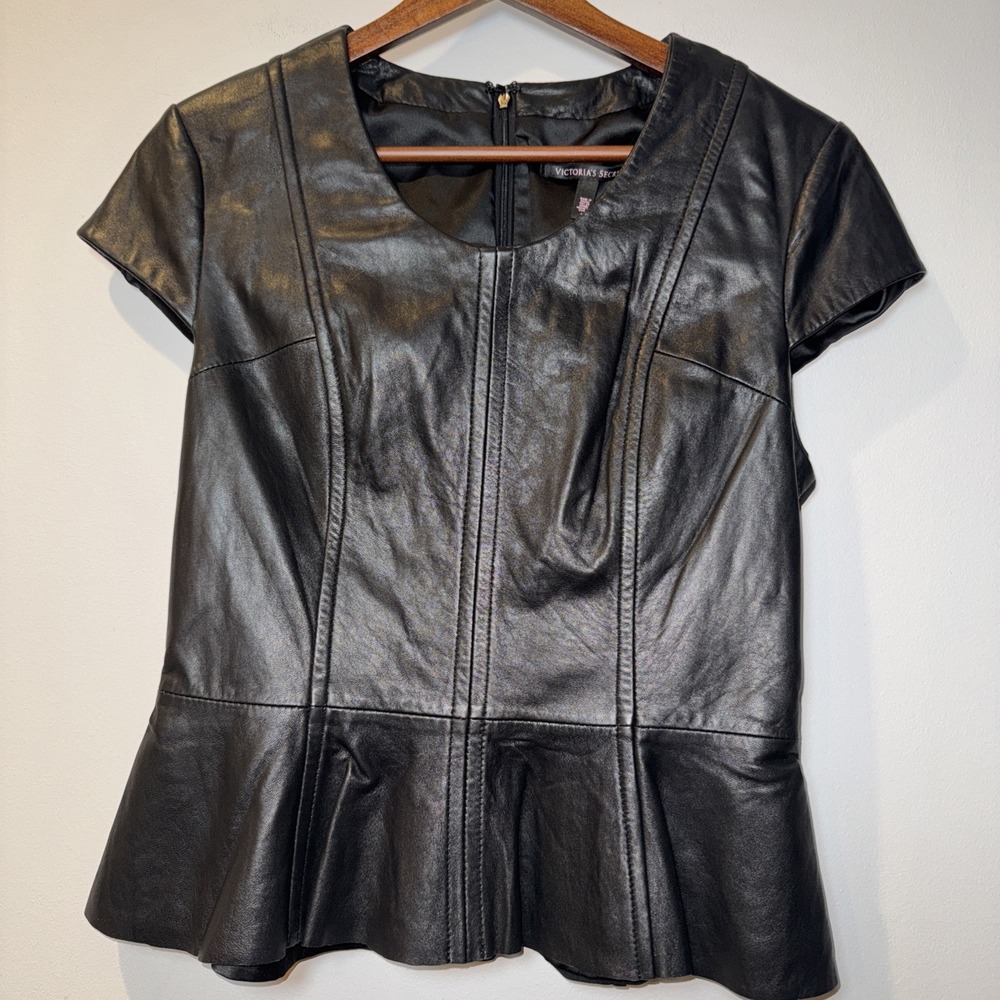 Victoria's Secret SZ 8 Real Leather Pointe Peplum Black OUT OF STOCK Top Goth